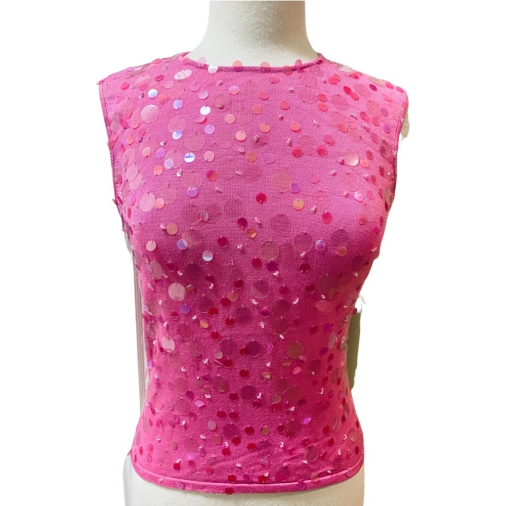 LAUNDRY Pink Silk blend Pullover Stretch Knit Top Paillettese Beads Sz S/M New